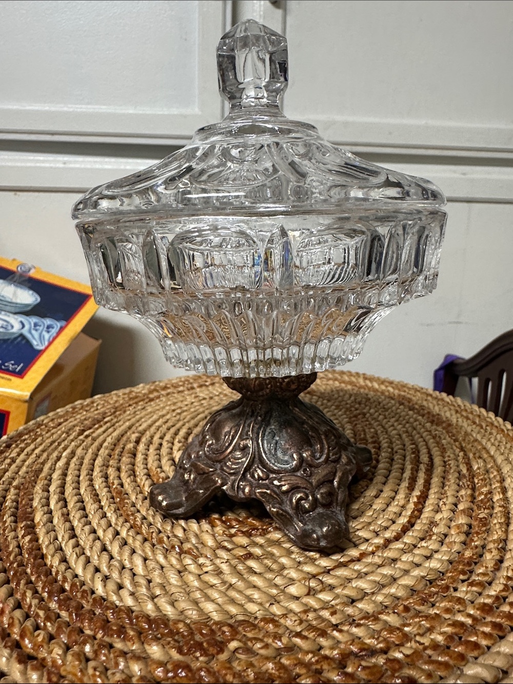 Glass Covered Candy Dish with Ornate Metal Base - Clear